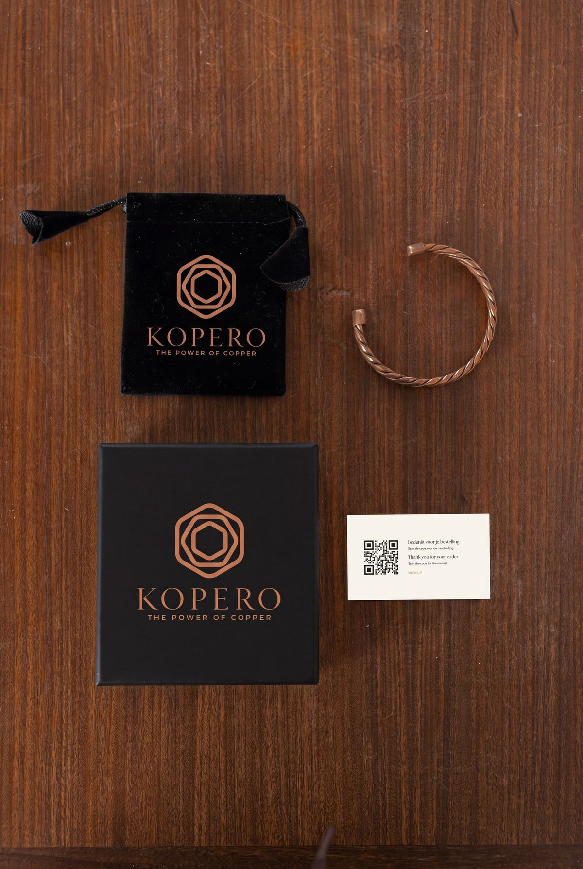 Kopero Copper Bracelet Twisted with velvet pouch, small gift box and thank-you card