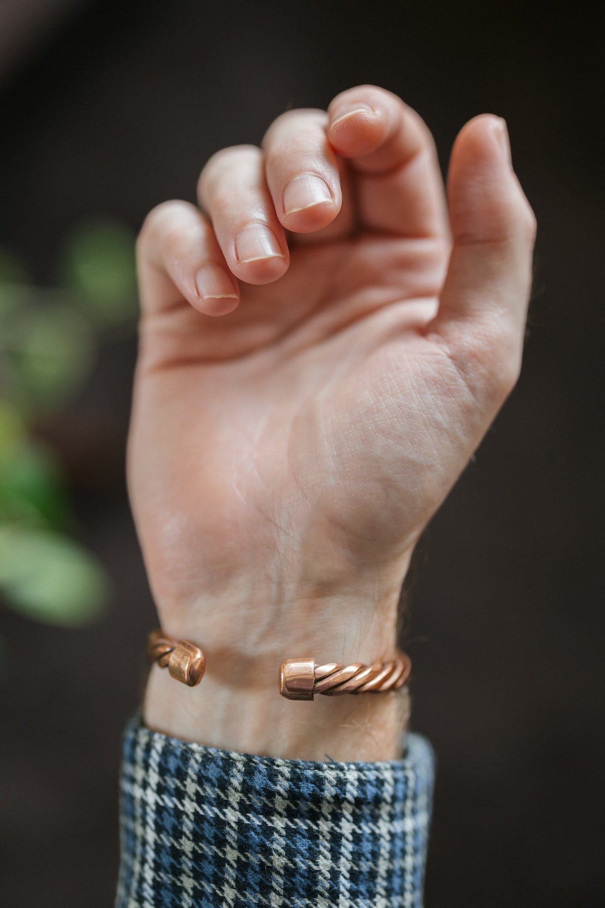 Kopero Copper Bracelet Twisted, on the wrist, with the ends of the twisted wire visible