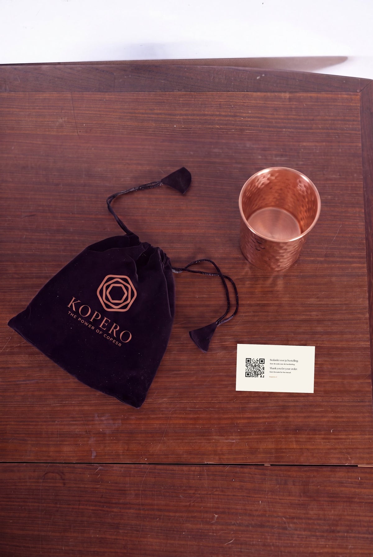 Kopero Copper Cup Hammered from above with velvet pouch and thank-you card