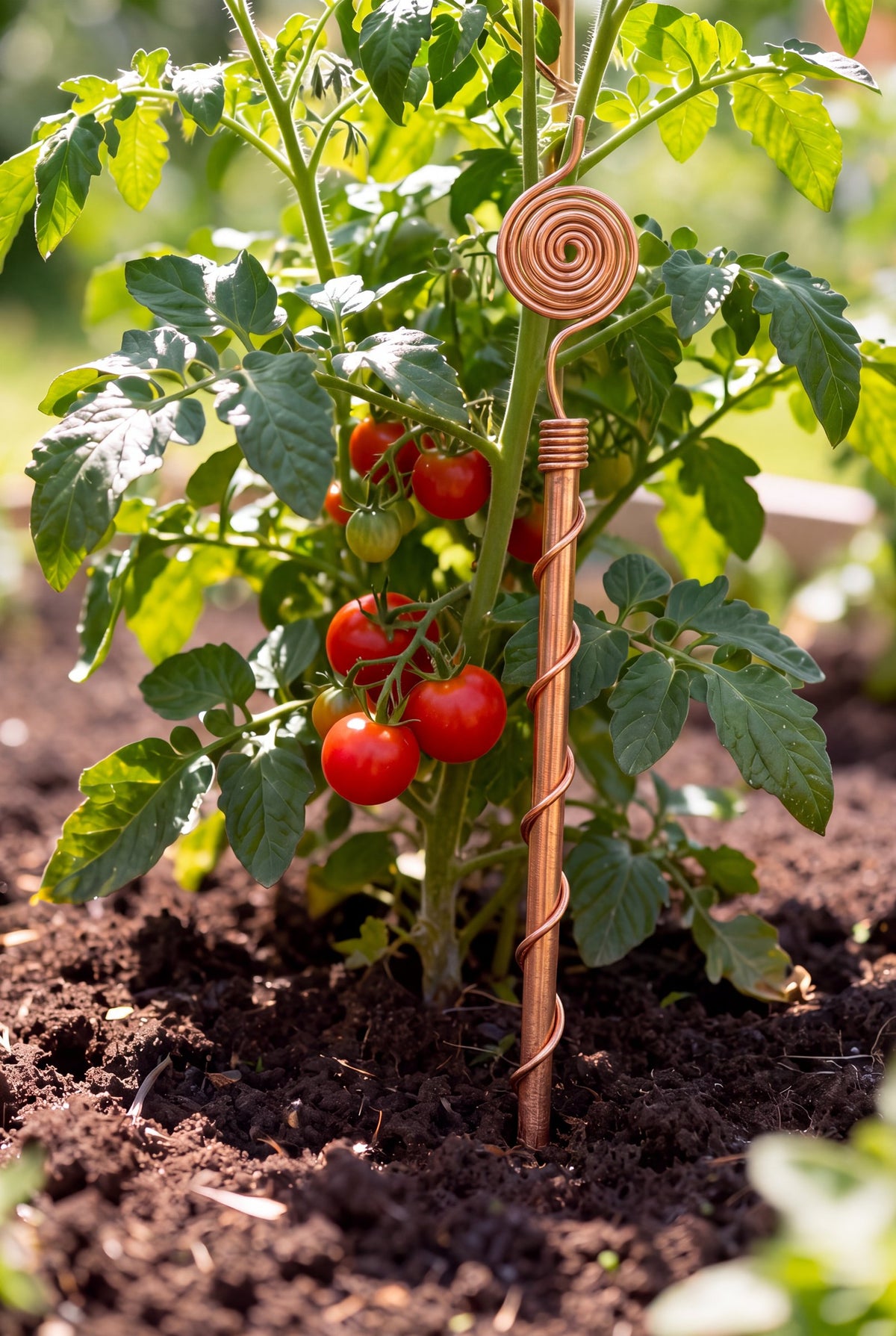 Kopero Electroculture 30 cm copper antenna next to a tomato plant in the vegetable garden