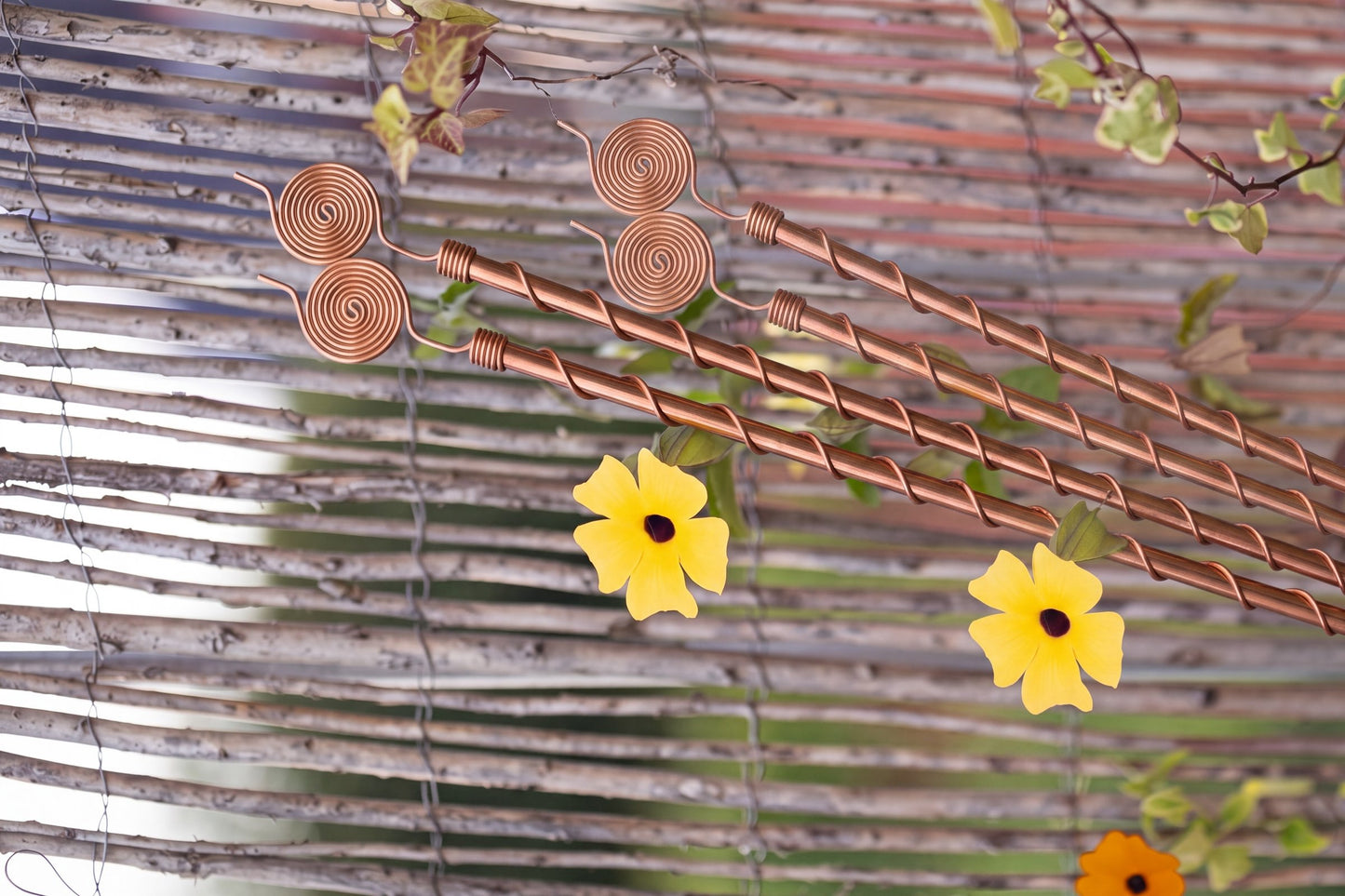 Kopero Electroculture antennas of 60 cm along a reed fence with a flowering climbing plant