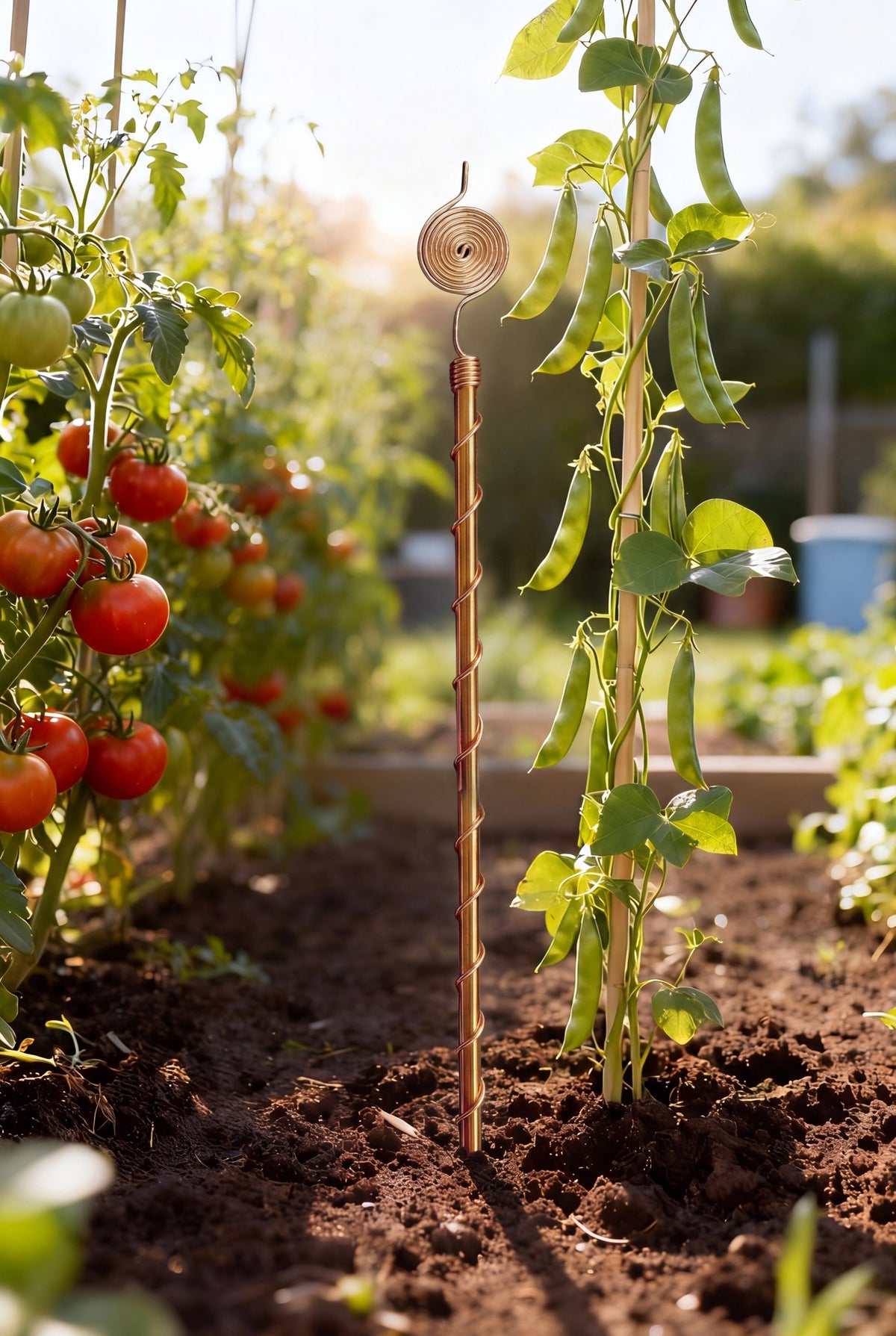 Kopero Electroculture 60 cm copper antenna among tomatoes and beans in the vegetable garden