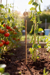 Kopero Electroculture 60 cm copper antenna among tomatoes and beans in the vegetable garden