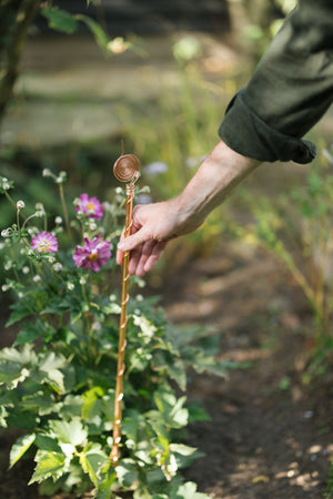 Kopero Electroculture 60 cm, a hand pushes the antenna into the flower bed