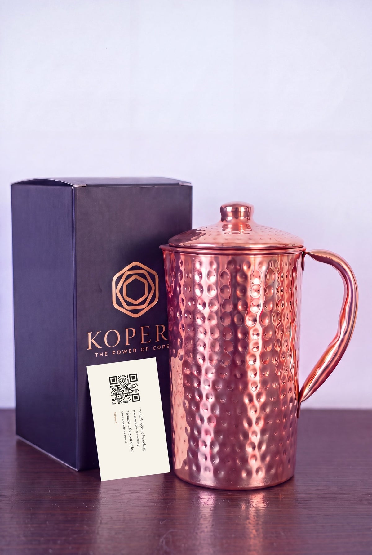 Kopero Copper Jug Hammered with the black gift box and the thank-you card