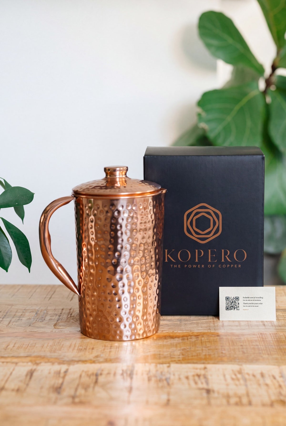 Kopero Copper Jug Hammered, with the black branded box and the thank-you card