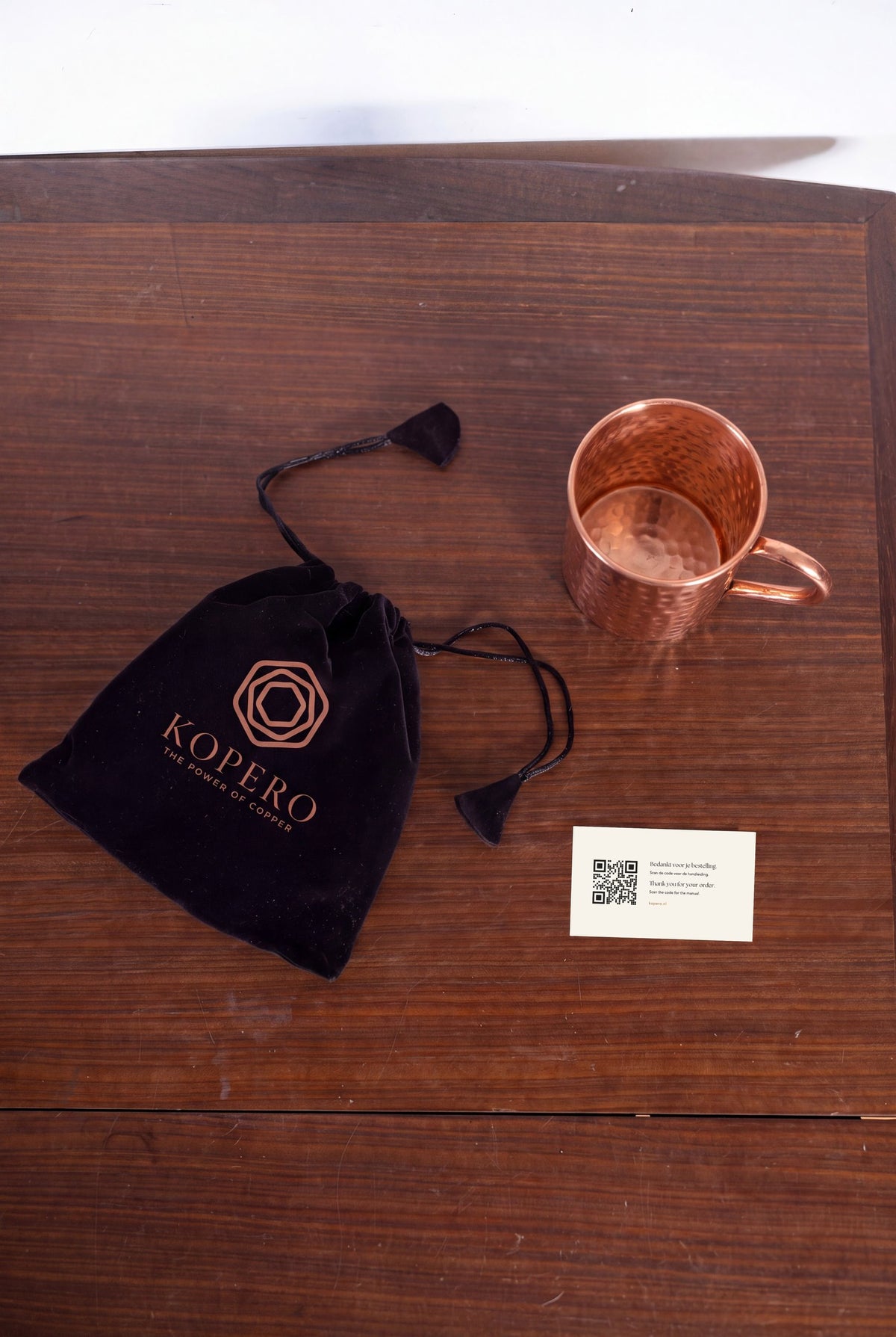 Kopero Copper Mug Hammered from above with velvet pouch and thank-you card