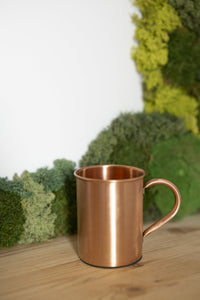 Kopero Copper Mug Smooth in front of a moss painting on a pine shelf