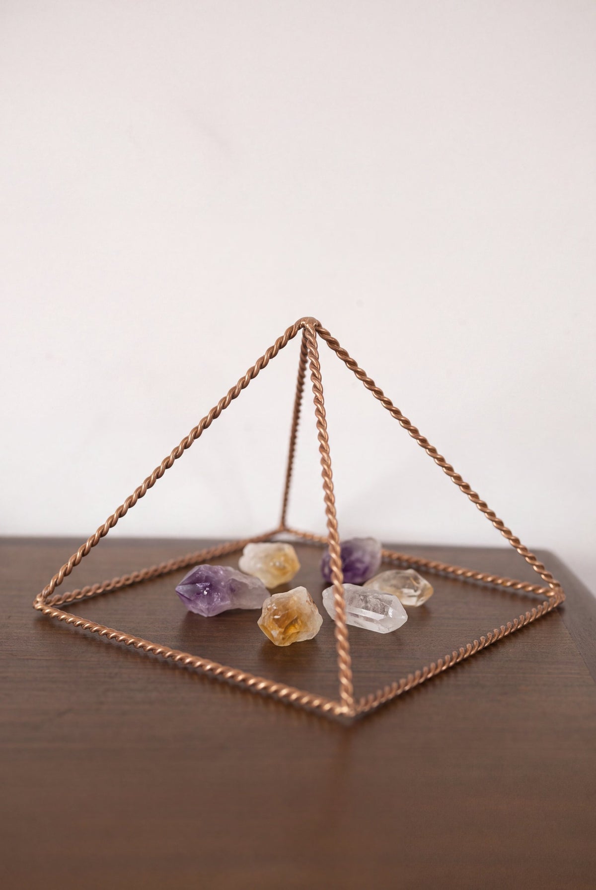 Kopero Copper Pyramid Energizer Twisted Small (14.56 cm) above amethyst and citrine