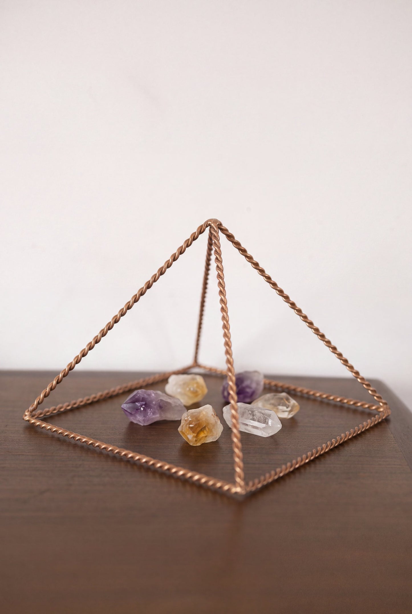Kopero Copper Pyramid Energizer Twisted Small (14.56 cm) above amethyst and citrine