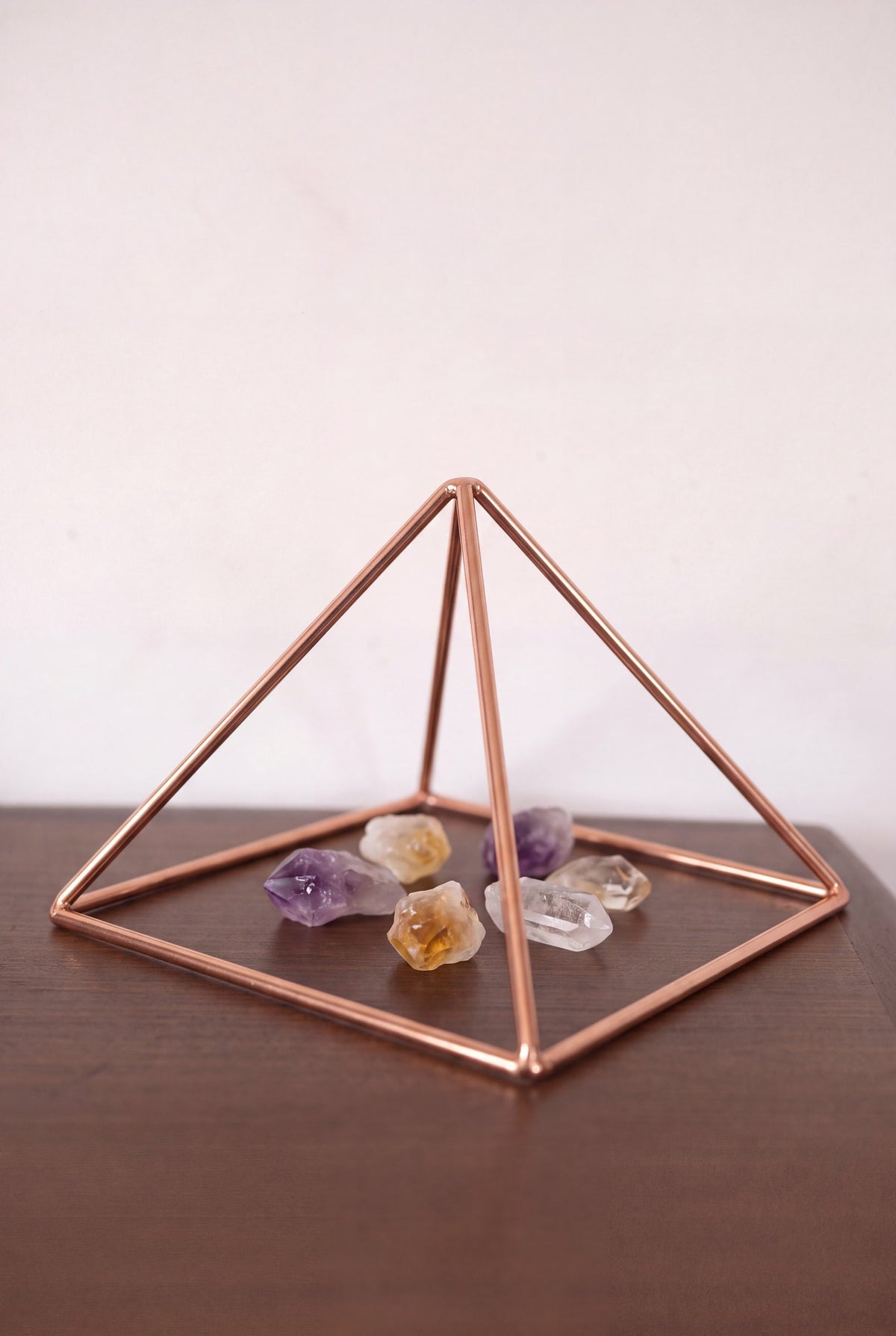 Kopero Copper Pyramid Energizer Smooth Small (14.56 cm) above amethyst and citrine