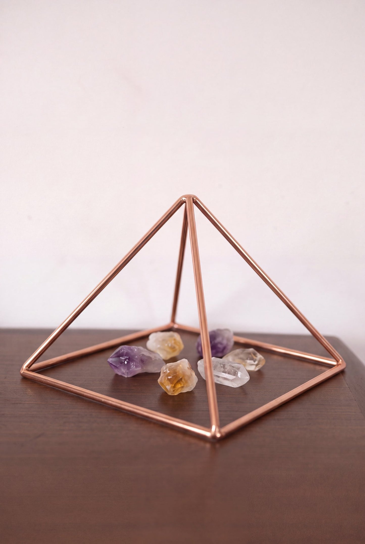 Kopero Copper Pyramid Energizer Smooth Small (14.56 cm) above amethyst and citrine