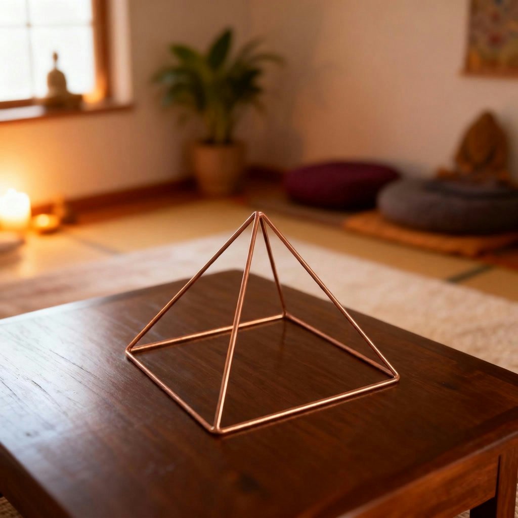 Kopero Copper Pyramid Energizer Smooth Small (14.56 cm) on a coffee table in a meditation room