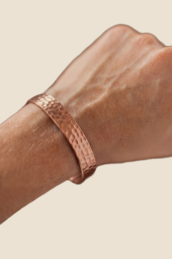 Kopero Copper Bracelet Hammered, on the wrist, product photo on a white background