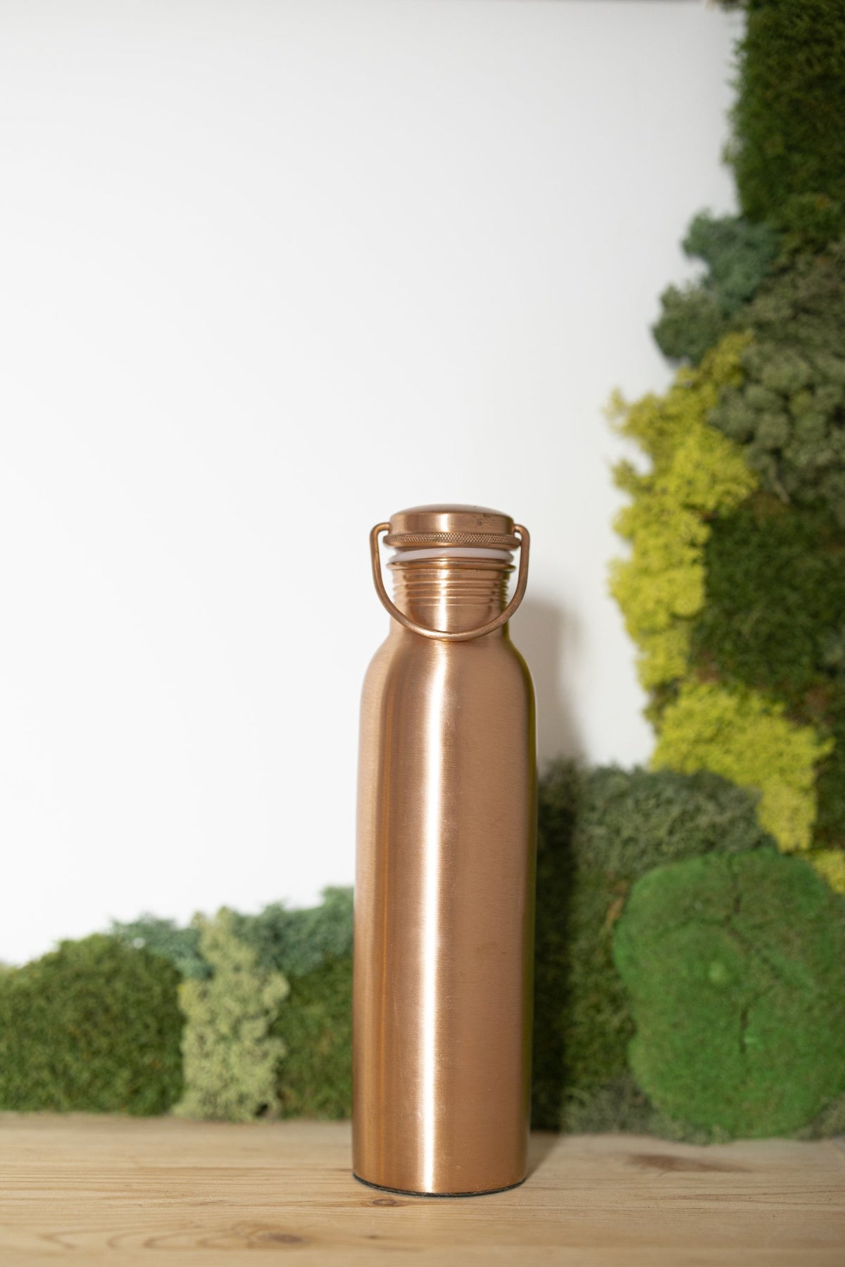 Kopero Copper Water Bottle Smooth 900 ml in front of a moss painting